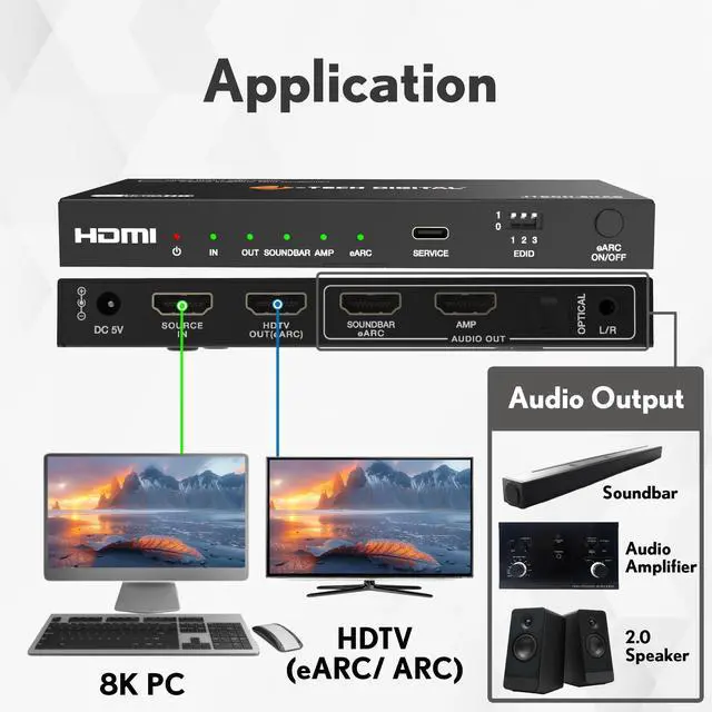 Alt view image 6 of 7 - J-Tech Digital 8K HDMI Audio Extractor with eARC ARC 8K 60Hz 4K 120Hz, HDMI to Optical L/R Converter Adapter, HDCP 2.3 HDR CEC EDID [JTECH-8KAE]