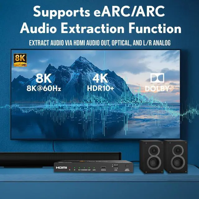 Alt view image 5 of 7 - J-Tech Digital 8K HDMI Audio Extractor with eARC ARC 8K 60Hz 4K 120Hz, HDMI to Optical L/R Converter Adapter, HDCP 2.3 HDR CEC EDID [JTECH-8KAE]