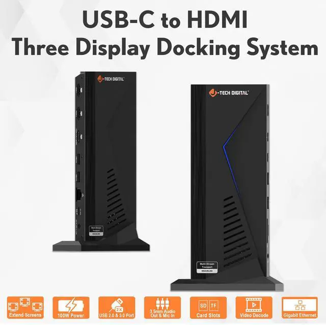 Alt view image 2 of 7 - J-Tech Digital 14 in 1 Docking Station up to 4K 60Hz, 3x HDMI, 6x USB, Ethernet, SD/TF, 100W PD, Audio/Mic - Compatible with macOS/Windows, Supports SST/MST (Driver Required)