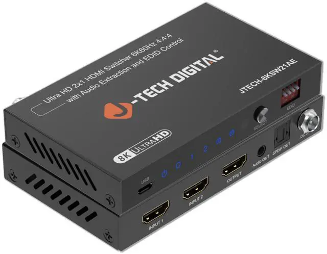 Main image of J-Tech Digital 8K HDMI Switch 2 In 1 Out, 8K@60Hz 4K@120Hz 1080P@240Hz with Audio Extraction, HDMI to Optical & Analog 3.5mm, HDR HDCP2.3 EDID Control (JTECH-8KSW21AE)