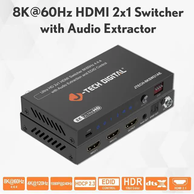 Alt view image 2 of 7 - J-Tech Digital 8K HDMI Switch 2 In 1 Out, 8K@60Hz 4K@120Hz 1080P@240Hz with Audio Extraction, HDMI to Optical & Analog 3.5mm, HDR HDCP2.3 EDID Control (JTECH-8KSW21AE)