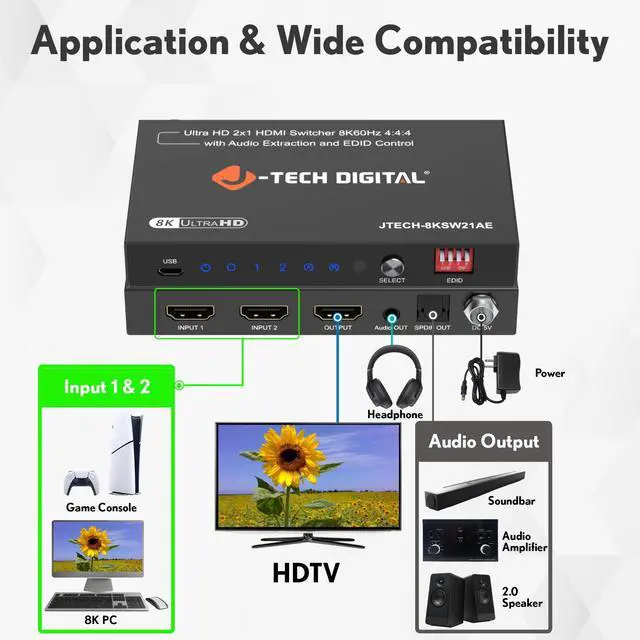 Alt view image 6 of 7 - J-Tech Digital 8K HDMI Switch 2 In 1 Out, 8K@60Hz 4K@120Hz 1080P@240Hz with Audio Extraction, HDMI to Optical & Analog 3.5mm, HDR HDCP2.3 EDID Control (JTECH-8KSW21AE)
