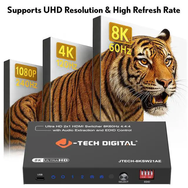 Alt view image 3 of 7 - J-Tech Digital 8K HDMI Switch 2 In 1 Out, 8K@60Hz 4K@120Hz 1080P@240Hz with Audio Extraction, HDMI to Optical & Analog 3.5mm, HDR HDCP2.3 EDID Control (JTECH-8KSW21AE)