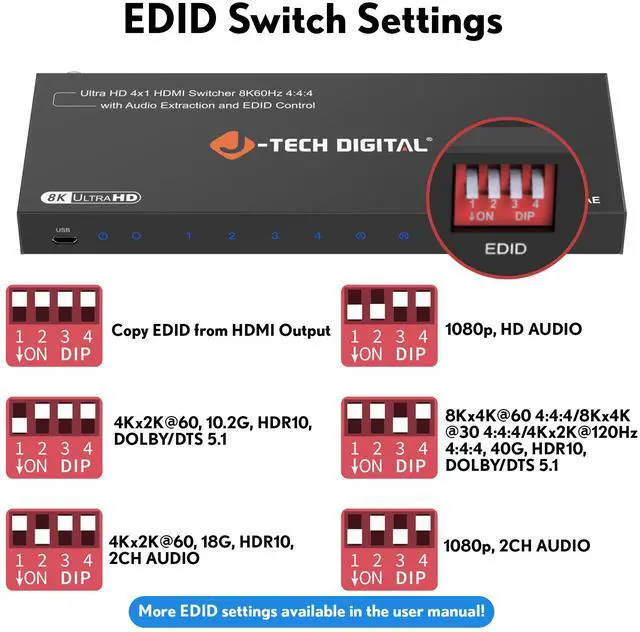 Alt view image 7 of 7 - J-Tech Digital 8K HDMI Switch 4 In 1 Out, 8K@60Hz 4K@120Hz 1080P@240Hz with Audio Extraction, HDMI to Optical & Analog 3.5mm, HDR HDCP2.3 EDID Control (JTECH-8KSW41AE)