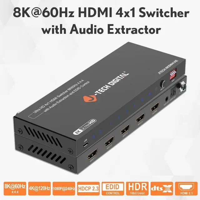 Alt view image 2 of 7 - J-Tech Digital 8K HDMI Switch 4 In 1 Out, 8K@60Hz 4K@120Hz 1080P@240Hz with Audio Extraction, HDMI to Optical & Analog 3.5mm, HDR HDCP2.3 EDID Control (JTECH-8KSW41AE)