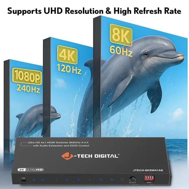 Alt view image 3 of 7 - J-Tech Digital 8K HDMI Switch 4 In 1 Out, 8K@60Hz 4K@120Hz 1080P@240Hz with Audio Extraction, HDMI to Optical & Analog 3.5mm, HDR HDCP2.3 EDID Control (JTECH-8KSW41AE)