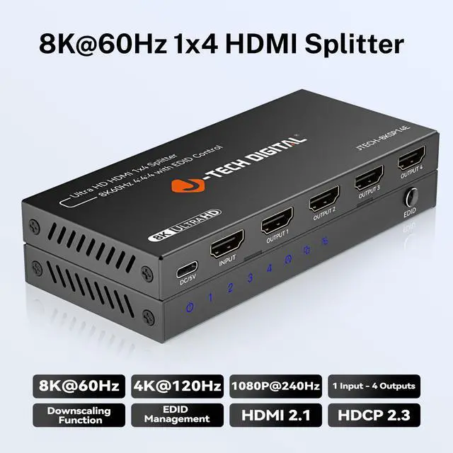 Alt view image 2 of 7 - J-Tech Digital 8K HDMI Splitter 1 In 4 Out, HDMI 2.1 1x4 Splitter 8K@60Hz 4K@120Hz 1080P@240Hz, Duplicate/Mirror Screen 3 EDID Modes with Downscaling HDCP 2.3 [JTECH-8KSP14E]