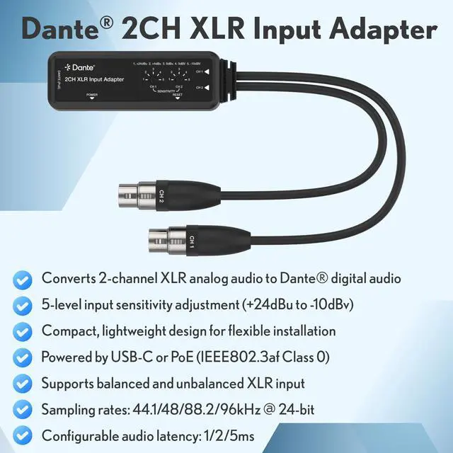Alt view image 2 of 6 - J-Tech Digital 2-Channel XLR to Dante Audio Input Adapter, Balanced/Unbalanced Analog to Digital Audio Converter Adapter, PoE & USB-C Power [JTECH-DA2EX]