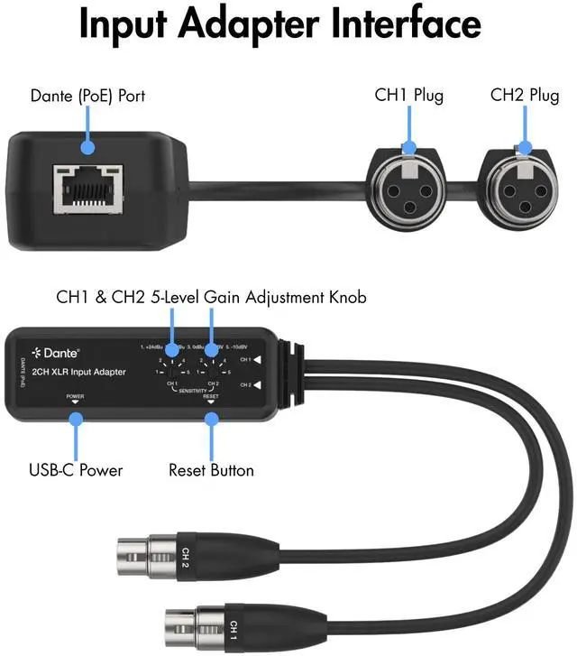Alt view image 5 of 6 - J-Tech Digital 2-Channel XLR to Dante Audio Input Adapter, Balanced/Unbalanced Analog to Digital Audio Converter Adapter, PoE & USB-C Power [JTECH-DA2EX]