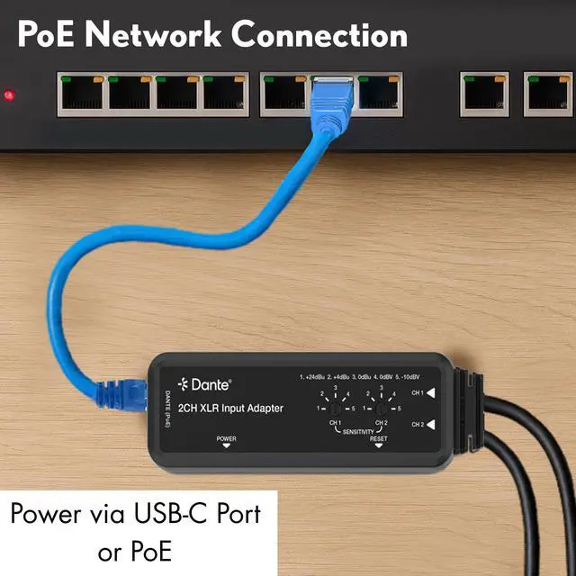 Alt view image 4 of 6 - J-Tech Digital 2-Channel XLR to Dante Audio Input Adapter, Balanced/Unbalanced Analog to Digital Audio Converter Adapter, PoE & USB-C Power [JTECH-DA2EX]