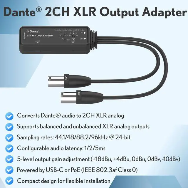 Alt view image 2 of 6 - J-Tech Digital 2-Channel Dante to XLR Audio Output Adapter, Balanced/Unbalanced 2-Channel Digital Audio to XLR Converter Adapter, PoE & USB-C Power [JTECH-DA2DX]