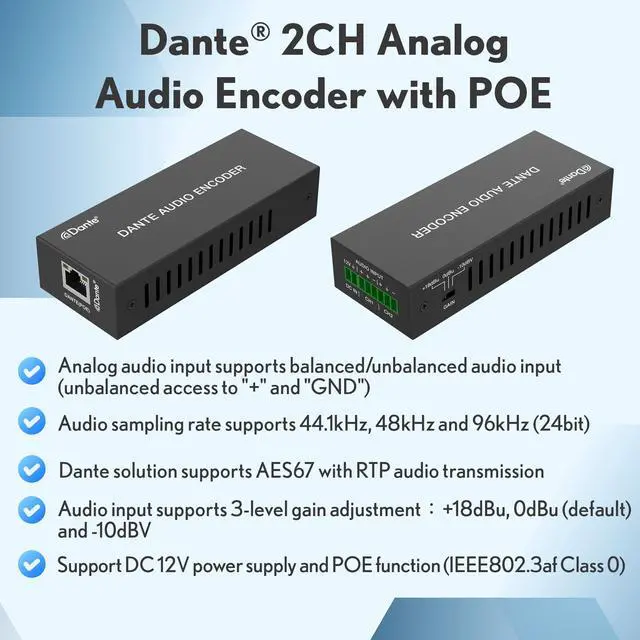 Alt view image 2 of 6 - J-Tech Digital 2-Channel Dante Analog Audio Encoder with PoE, Balanced/Unbalanced Audio Input and 3-Level Gain Adjustment Audio Encoder [JTECH-DA2EP]