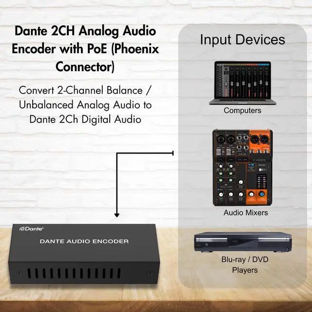 Alt view image 3 of 6 - J-Tech Digital 2-Channel Dante Analog Audio Encoder with PoE, Balanced/Unbalanced Audio Input and 3-Level Gain Adjustment Audio Encoder [JTECH-DA2EP]