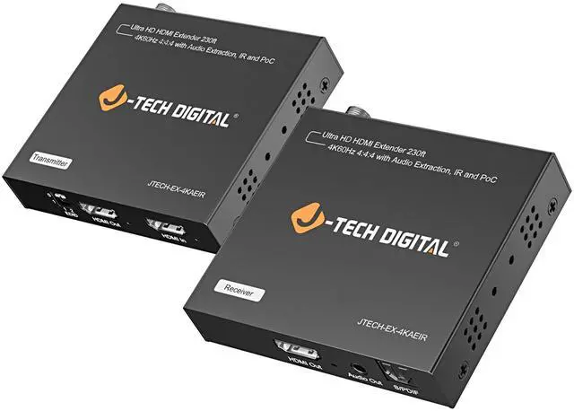 Main image of J-Tech Digital 4K HDMI Extender Balun Over Ethernet CAT5/6 Up To 230ft, 4K 60Hz 4:4:4 HDMI Extender Balun with Audio Extraction PoC IR (JTECH-EX-4KAEIR)