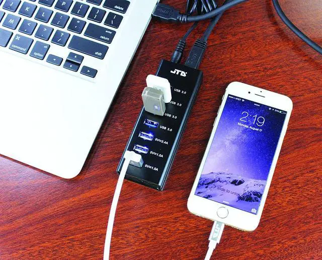 Alt view image 3 of 6 - JTD ® Superspeed USB 3.0 4 Port (24W) Hub with 3.3 ft USB 3.0 Cable + USB Fast Smart Charger 3 ports (MAX 5V/2.4A)