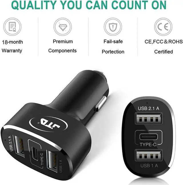 Alt view image 3 of 6 - USB Type C Car Charger, JTD USB C 5Amp 25W 3-Port USB Rapid Car Charger Adapter with One Fast Charge Type C Port and Two Standard USB A Outputs. Best for iPhone, iPad, Samsung, Macbook 12'' and more