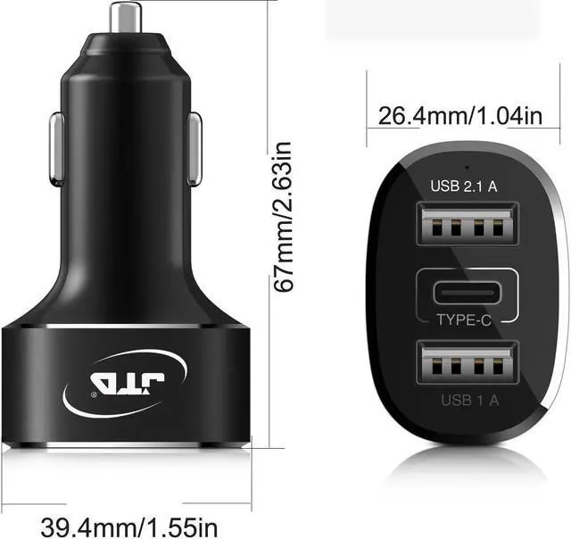 Alt view image 5 of 6 - USB Type C Car Charger, JTD USB C 5Amp 25W 3-Port USB Rapid Car Charger Adapter with One Fast Charge Type C Port and Two Standard USB A Outputs. Best for iPhone, iPad, Samsung, Macbook 12'' and more