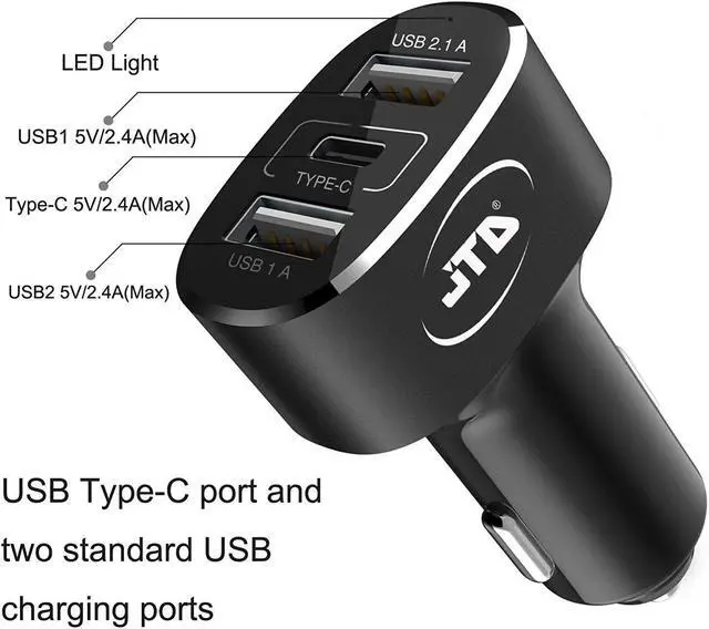 Alt view image 2 of 6 - USB Type C Car Charger, JTD USB C 5Amp 25W 3-Port USB Rapid Car Charger Adapter with One Fast Charge Type C Port and Two Standard USB A Outputs. Best for iPhone, iPad, Samsung, Macbook 12'' and more