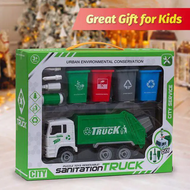 Alt view image 5 of 5 - AZToys 215B-52 Friction Powered Garbage Truck Toy for Kids | Waste Management Dump Truck with Openable Back Door & 4 Trash Cans for Easy Dumping Function