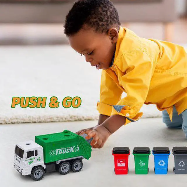 Alt view image 4 of 5 - AZToys 215B-52 Friction Powered Garbage Truck Toy for Kids | Waste Management Dump Truck with Openable Back Door & 4 Trash Cans for Easy Dumping Function