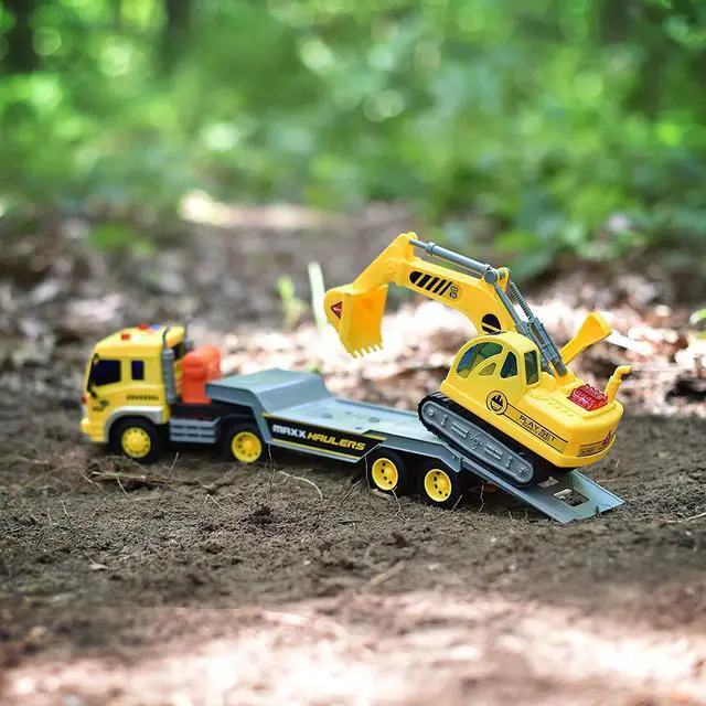Alt view image 2 of 4 - AZToys WY571A Friction Powered Flatbed Trailer Truck with Excavator Tractor for Kids | Realistic Two Construction Engineering Vehicles Playset Toys with Lights and Sounds