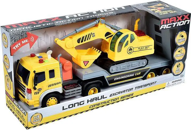 Alt view image 4 of 4 - AZToys WY571A Friction Powered Flatbed Trailer Truck with Excavator Tractor for Kids | Realistic Two Construction Engineering Vehicles Playset Toys with Lights and Sounds