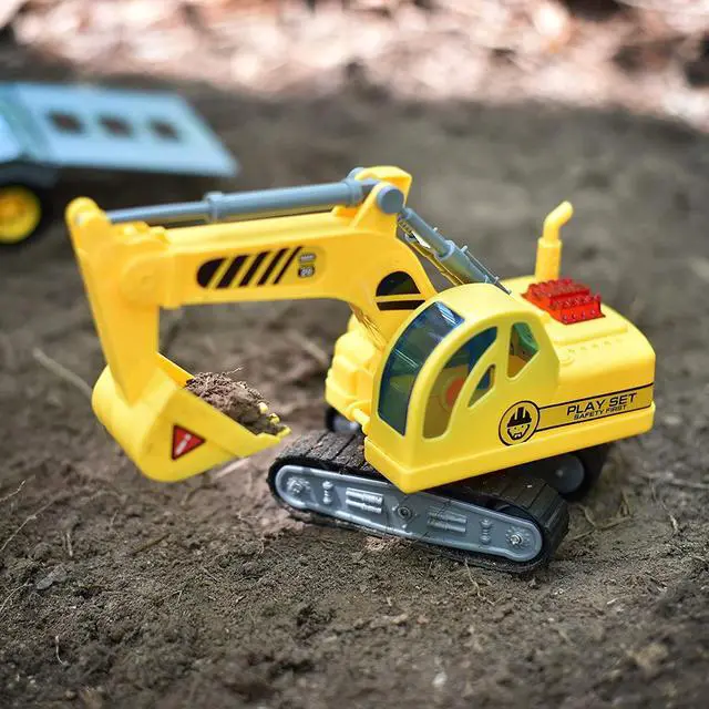 Alt view image 3 of 4 - AZToys WY571A Friction Powered Flatbed Trailer Truck with Excavator Tractor for Kids | Realistic Two Construction Engineering Vehicles Playset Toys with Lights and Sounds
