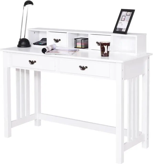 Main image of Costway Writing Desk Mission White Home Office Computer Desk 4 Drawer White