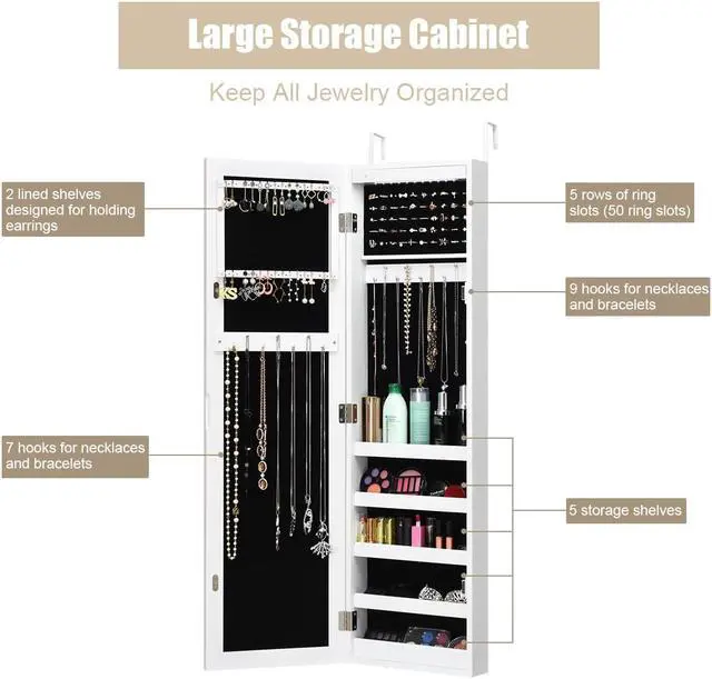 Alt view image 6 of 7 - Costway Wall Door Mounted Mirrored Jewelry Cabinet Organizer Storage w/LED Light White