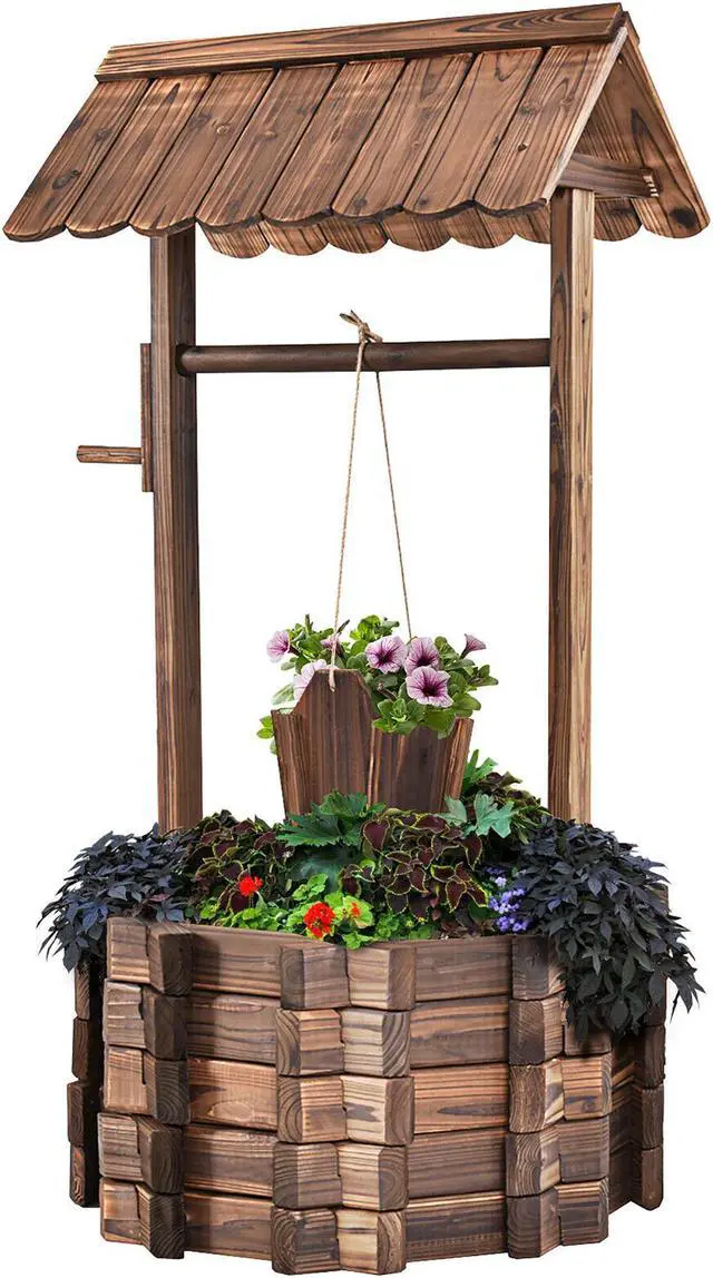 Main image of Outdoor Wooden Wishing Well Bucket Flower Plants Planter Patio Garden Home Decor