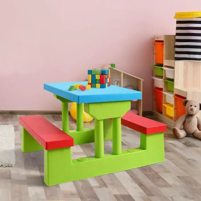 Alt view image 2 of 7 - 4 Seat Kids Picnic Table w/Umbrella Garden Yard Folding Children Bench Outdoor