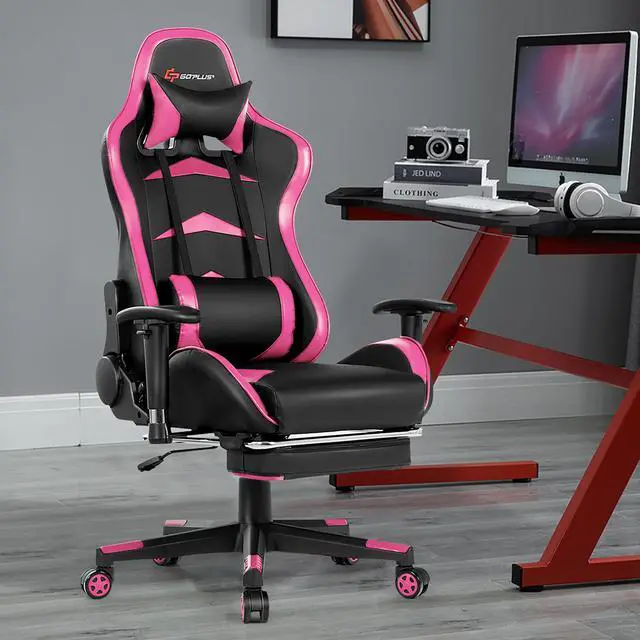 Alt view image 2 of 7 - Massage Gaming Chair Reclining Racing Chair w/Lumbar Support &Footrest Pink