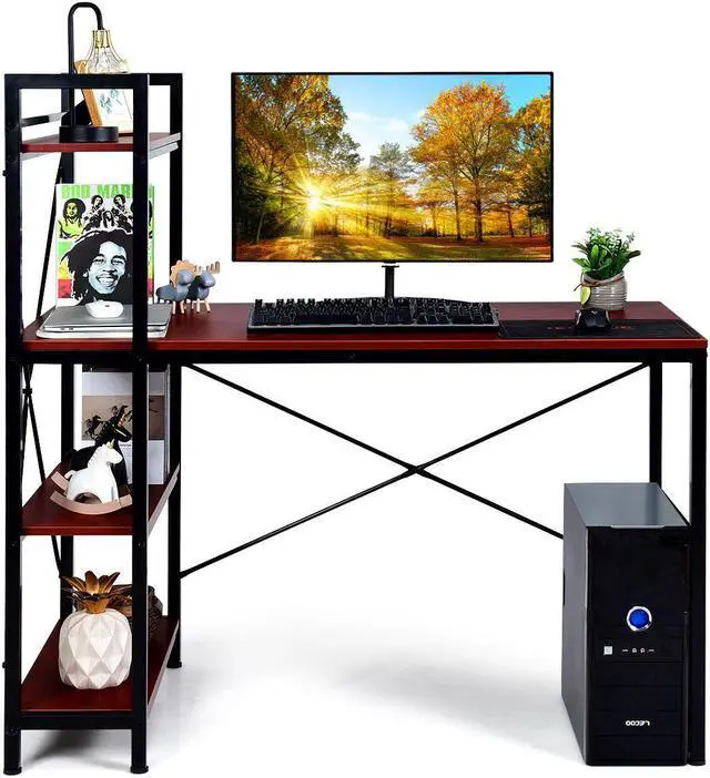 Alt view image 2 of 7 - Costway 47.5'' Compact Computer Desk With 4-Tier Storage Bookshelves for Home Office Brown