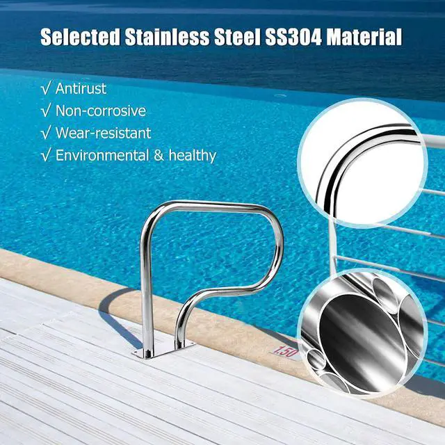 Alt view image 6 of 6 - Costway Swimming Pool Hand Rail Stainless Steel Ladder Handrail Stair Rail w/ Base Plate