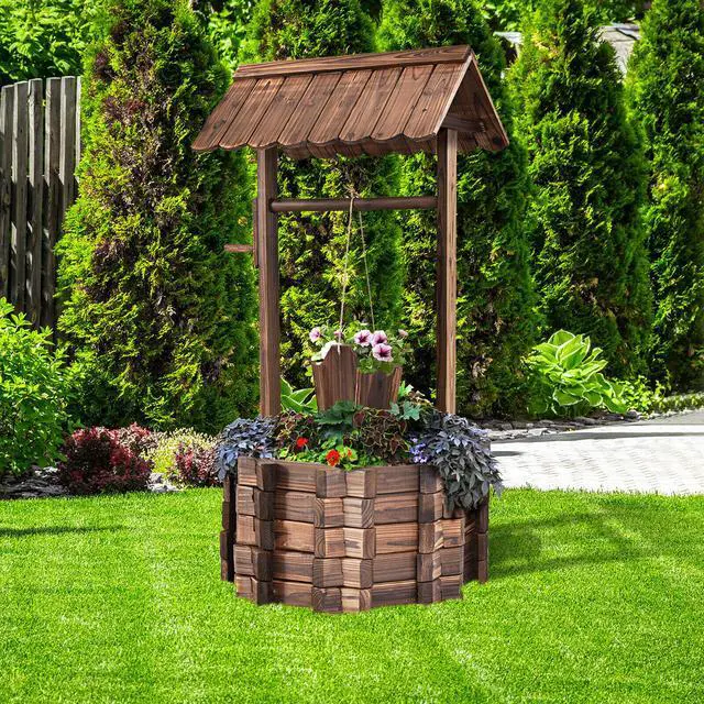 Alt view image 3 of 7 - Outdoor Wooden Wishing Well Bucket Flower Plants Planter Patio Garden Home Decor