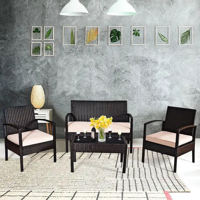 Alt view image 2 of 7 - Costway 4PCS Patio Rattan Conversation Furniture Set Cushioned Seat Glass Table