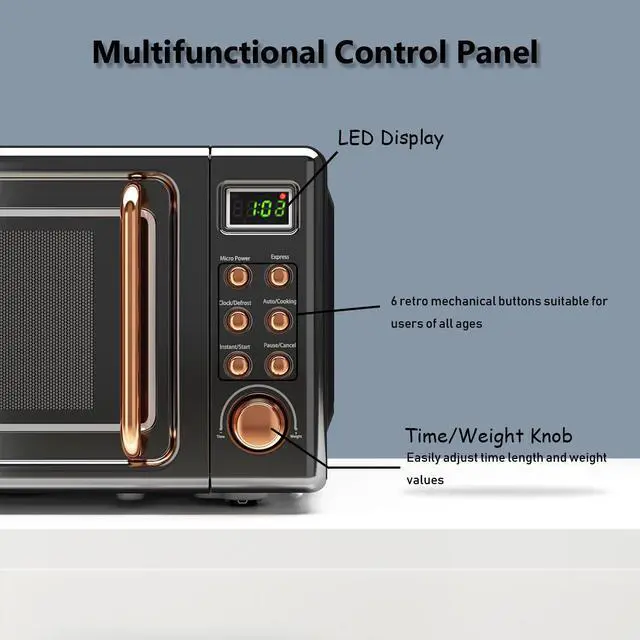 Alt view image 6 of 7 - Costway 0.7Cu.ft Retro Countertop Microwave Oven 700W LED Display Glass Turntable Rose Gold