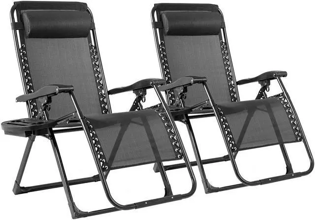 Main image of 2PC Zero Gravity Chair Oversize Lounge Patio Heavy Duty Folding Recliner Black