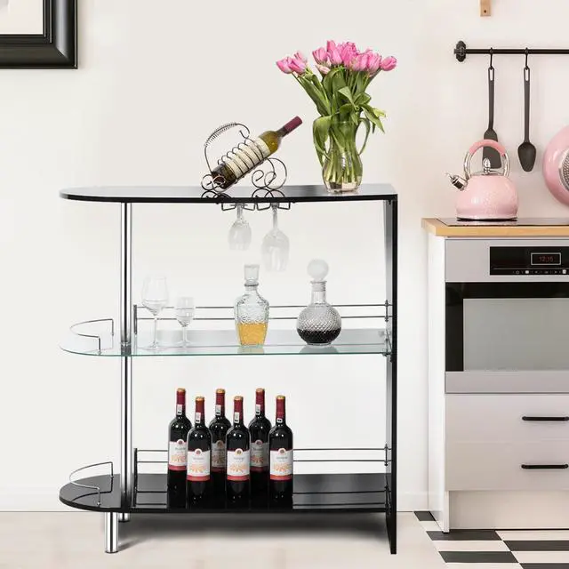 Alt view image 4 of 7 - Costway Wine Rack Unit w/Tempered Glass Shelf & Glass Holders Glossy  Black