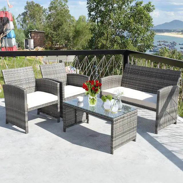 Alt view image 2 of 7 - Costway 8PCS Patio Rattan Furniture Set Conversation Glass Table Top Cushioned Sofa, White