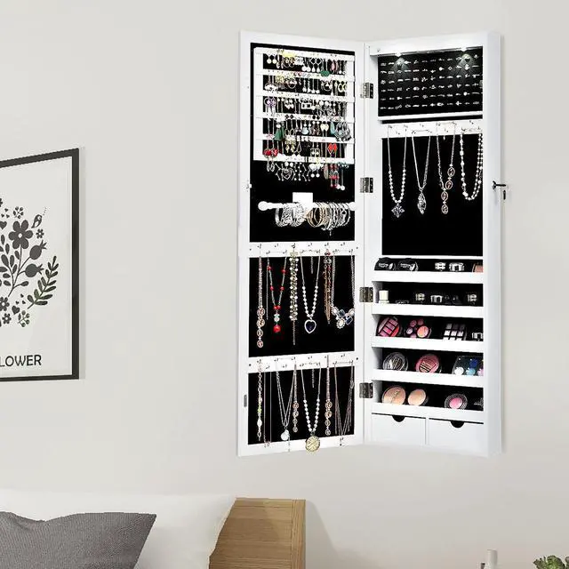 Alt view image 9 of 13 - Costway Mirror Jewelry Cabinet with Full Length Clear Mirror & Internal LED Lights Hooks