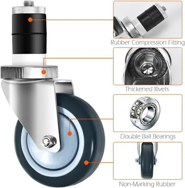 Alt view image 6 of 7 - Set of 4 Swivel Caster 4" Kitchen Prep Table Wheel For 1-1/2" ID Tubing w/ Brake