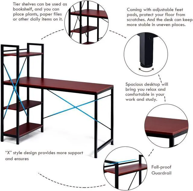 Alt view image 5 of 7 - Costway 47.5'' Compact Computer Desk With 4-Tier Storage Bookshelves for Home Office Brown