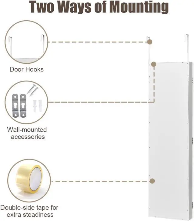 Alt view image 7 of 7 - Costway Wall Door Mounted Mirrored Jewelry Cabinet Organizer Storage w/LED Light White