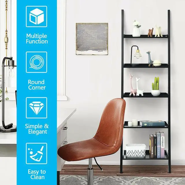 Alt view image 6 of 7 - Costway Ladder Shelf 5-Tier Plant Stand Wall-leaning Bookcase Display Rack Black