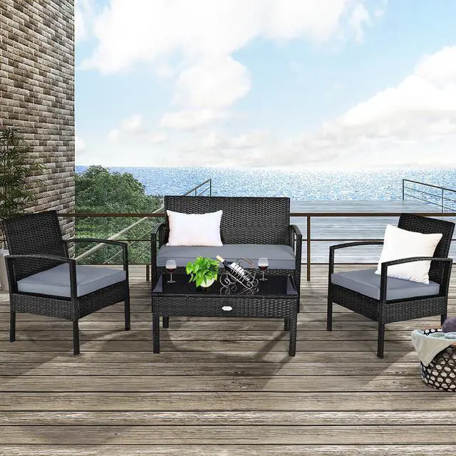 Main image of 4 PCS Outdoor Patio Rattan Wicker Furniture Set Table Sofa Cushioned Deck Black