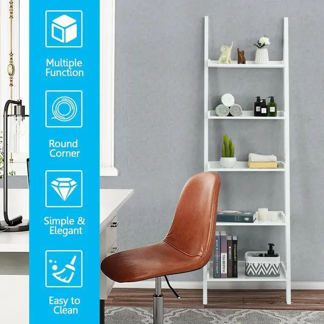 Alt view image 6 of 7 - Costway Versatile White 5-Tier Bookshelf Leaning Wall Shelf Ladder  Bookcase White