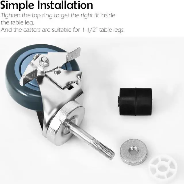 Alt view image 7 of 7 - Set of 4 Swivel Caster 4" Kitchen Prep Table Wheel For 1-1/2" ID Tubing w/ Brake