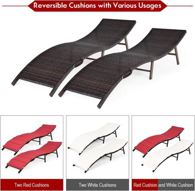 Alt view image 5 of 7 - Costway 2PCS Patio Rattan Folding Lounge Chair Stackable Double Sided Cushion Outdoor Red