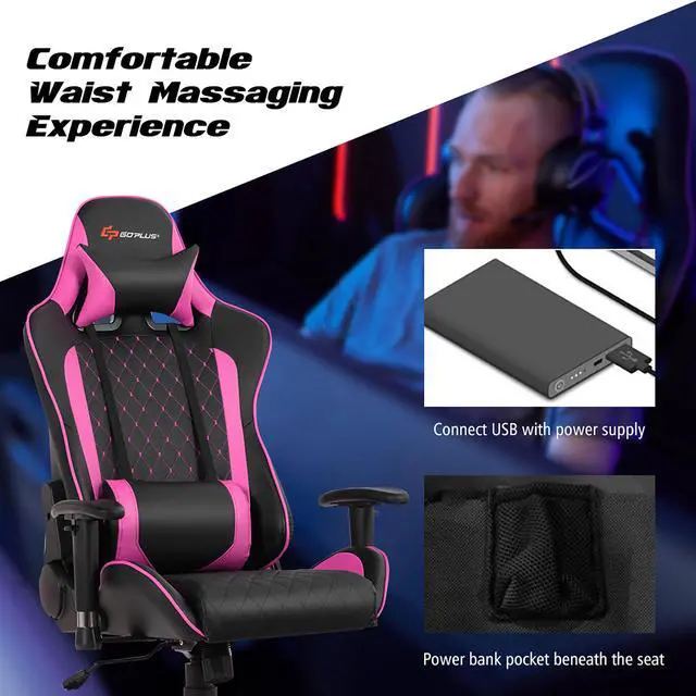 Alt view image 5 of 7 - Massage Gaming Chair Reclining Racing Chair w/Lumbar Support and Headrest Blue